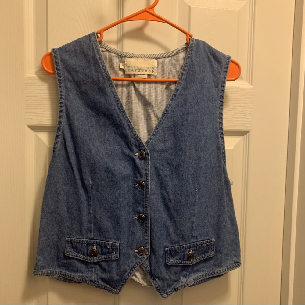 Women’s Denim Vest. Button front, blue/white stripes on back.